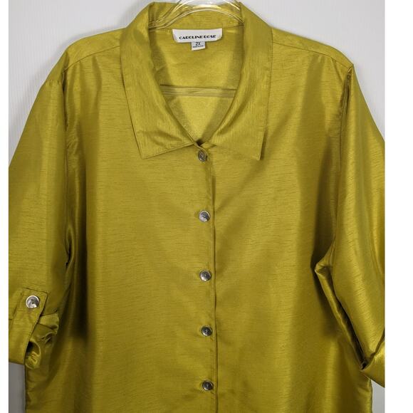 Caroline Rose Faux Raw Silk Button Front Shirt Chartreuse Tab Roll Sleeve 2X - Picture 5 of 9